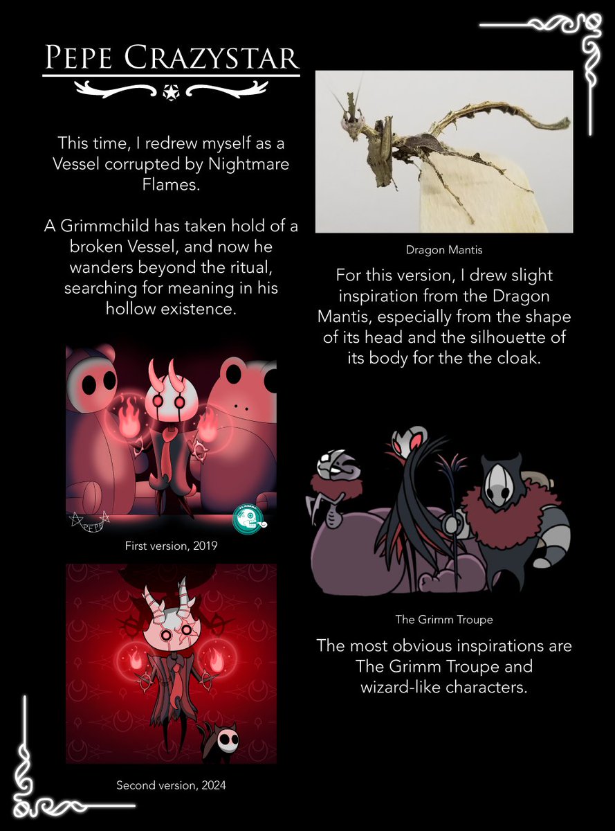 tlamart_'s tweet photo. I decided to redraw myself Hollow Knight / Silksong character. 

For this redesign I took inspiration from the Dragon Mantis, the Grimm Troupe, and Spellcasters.

How did I do, @TeamCherryGames @griffinmatta ?

#HollowKnight #Silksong #FanArt #ConceptArt #PepeCrazystar https://t.co/WNnSGI77SX