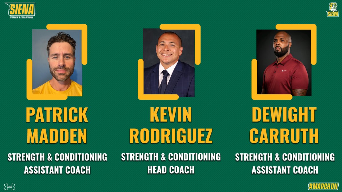 SienaSaints's tweet photo. 💪 Strengthening the Saints

Please join us in welcoming Kevin Rodriguez as Siena's new Head Strength &amp; Conditioning Coach, along with assistant coaches Dewight and Patrick!

📰 https://t.co/C50b5ginqC

#MarchOn x #SienaSaints https://t.co/Zs9dV1vRrT