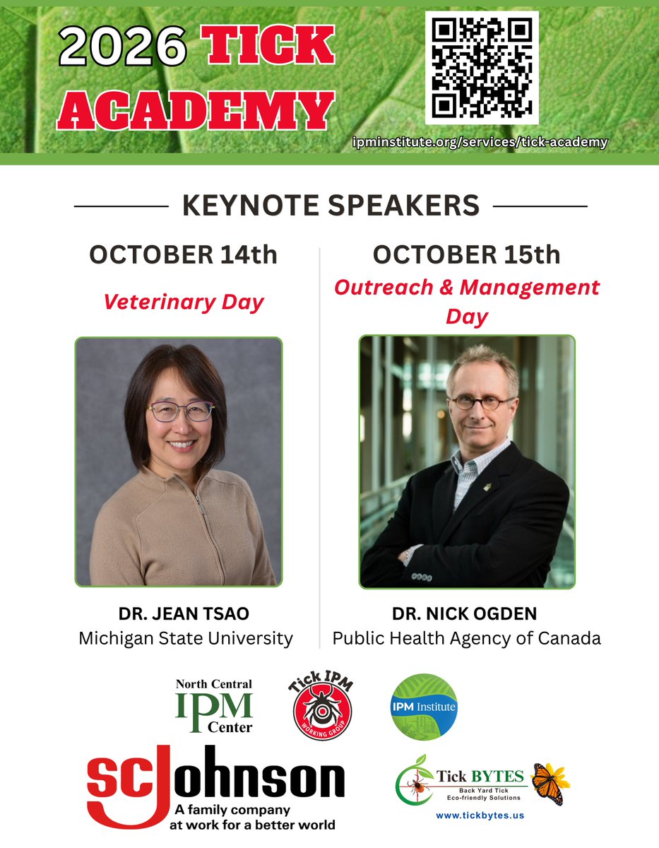 IPMInstitute's tweet photo. Meet the keynote speakers for this year's Tick Academy!

Oct. 14: Dr. Jean Tsao's presentation will focus on host-targeted control to reduce tick-borne disease and considerations for future research and implementation ... https://t.co/6oI4jkfCeO