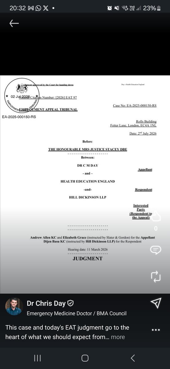 drcmday's tweet photo. This case and today's EAT judgment go to the heart of what we should expect from our legal system in the UK as doctors, patients and, frankly, as citizens.

The list of things that apparently do not materially influence the outcome of my whistleblowing case- or do not seem to trouble the judiciary- keeps growing:

1. The deletion of 90,000 emails during a court hearing, despite it being admitted.

2. The deletion of the entire NHS email account of the director responsible for running my case and instructing the NHS lawyers.

3. An NHS Chief Executive giving evidence under oath that could no longer be maintained once previously hidden documents came to light.

4. Board minutes and other documents that were denied to exist, only to surface at the end of a hearing after I had been criticised for alleging exactly what they showed.

5. Two consultant anaesthetists and a former Health Minister pointing to multiple sources of evidence that plainly contradicts Employment Tribunal findings of fact.

And now:

The failure to disclose commissioning contracts between NHS bodies- documents that, had they been disclosed, undermined the arguments used to remove me and 54,000 doctors from whistleblowing protection at taxpayer expense.

Whatever view people take of my case, these are serious issues. They raise fundamental questions about disclosure, accountability and the integrity of the legal process.

I would genuinely welcome lawyers writing about and commenting on these issues. I can tell you there are many doctors who feel deeply let down by what my case has laid bare, and they deserve an open and informed discussion about what these events say about our justice system.

As a member of BMA Council, I intend to take these issues forward.

I have lost count of the number of doctors who have told me that they believe Employment Tribunals have ignored key evidence or reached findings that they feel are impossible to reconcile with the documentary record. Whether those concerns are ultimately justified or not, the consistency with which they are raised should concern anyone interested in maintaining confidence in the justice system.

I have yet to hear of another Employment Tribunal case in which the deletion of 90,000 emails during the hearing itself has been admitted. If anyone is aware of a comparable case, I would be genuinely interested to hear about it.

Doctors and their patient's need confidence that whistleblowing cases will be decided on a complete and accurate evidential record. Public confidence in both the NHS and the legal system is at stake.

Read the recent EAT Judgment here

https://t.co/Iz2r1yG3A7

Read the Private Ear Series that explores the context more light-heartedly but with links to the legal documents

https://t.co/aneGysOIYh