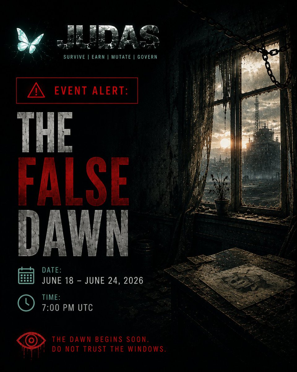 judas_gamefi's tweet photo. 🔴 EVENT ALERT: THE FALSE DAWN

📅 Date: June 18 — June 24, 2026
🕖 Time: Starts 7:00 PM UTC
⚠️ The House has reported sunrise.

There is no sun.

At the end of Night, some Biozoids began seeing daylight through sealed windows.
The system insists this is normal.

It is not.
No external light sources were detected.
No skybox change was approved.
No simulation layer requested dawn.

Yet the rooms are getting brighter.

The Archive has begun selecting subjects for a temporary exposure event.
During the event, false daylight, corrupted shadows, hidden reflections, and unstable memory fragments will appear across the system.
Each discovered fragment will reveal another piece of what happens when the nightmare pretends to end.
Some Biozoids will follow the light.

Others will understand why the dark was safer.

But every sunrise leaves something behind.

📜Those who uncover enough fragments may gain access to a restricted Archive sequence.

Rewards may include:
• Exclusive Discord Role
• Early Access Privileges
• Hidden Lore Fragments
• Memory Fragment NFT
• Future Season Advantages

The House is showing you the morning.

The only unknown is what it is trying to hide in the light.

🚪 The dawn begins soon.

Do not trust the windows.