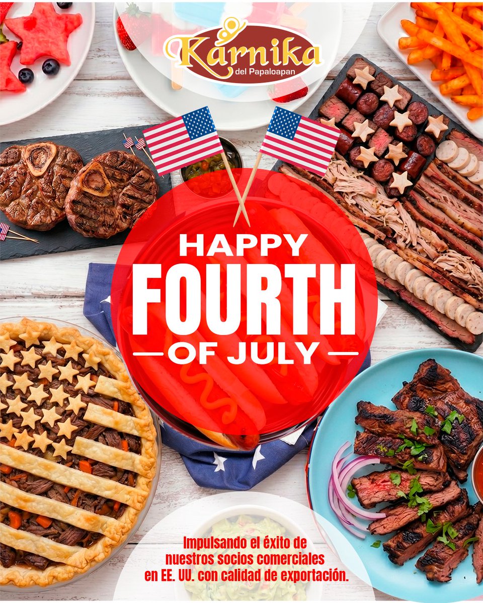 CDipcen's tweet photo. Con motivo del #4thOfJuly, felicitamos a nuestros socios comerciales en EE. UU. 🇺🇸
En Dipcen, fortalecemos los lazos binacionales a través de nuestra marca #Karkina, exportando calidad y puntualidad para impulsar la industria alimentaria norteamericana. 
 #ExportaciónCárnica https://t.co/bmUzl2k82D