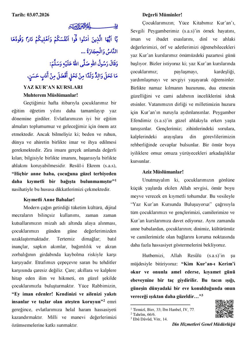 haskologlu's tweet photo. Diyanet’in yarın yapılacak olan cuma hutbesi için hazırladığı metinden:

• Modern çağın getirdiği tüketim kültürü, dijital mecraların bilinçsiz kullanımı, zaman zaman kutsallarımızın mizah adı altında alaya alınması, çocuklarımızı günden güne değerlerimizden uzaklaştırmaktadır. 

• Etrafımızı çepeçevre saran bu tehditler karşısında çaresiz değilız. Çare; akıllara ve kalplere hitap eden ilim ve hikmeti, en güzel şekilde çocuklarımızla buluşturmaktır.