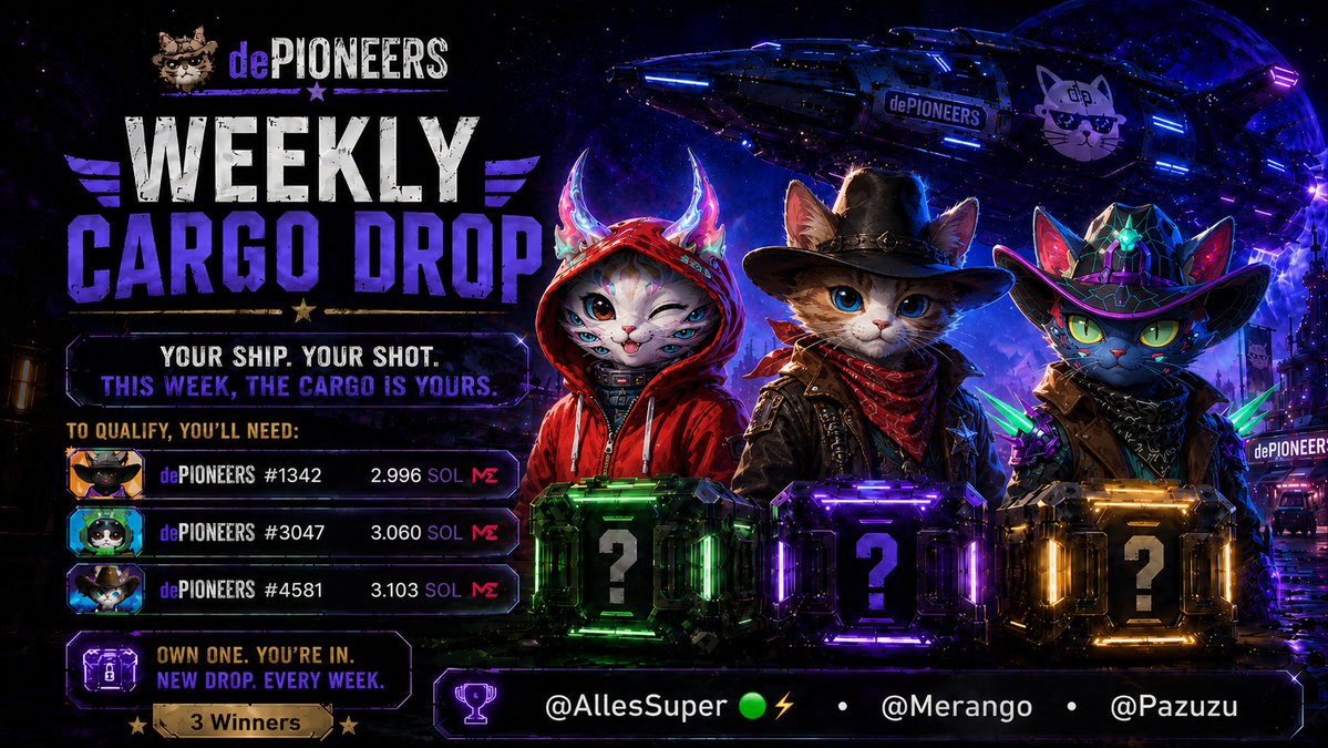 dePioneerCats's tweet photo. Cargo delivered. Paws confirmed. 🐾🚀

The dePioneers Weekly Cargo Drop #9 has landed with 0.75 SOL split across the frontier.

Container A - 0.4 SOL
Container B - 0.2 SOL
Container C - 0.15 SOL

Congrats to this week’s winners:
@AllesSuper • @Solomons820 @pazuzuposter 💧

Built for holders.
Powered by community.
Still riding while everyone else farms timelines.

LFG cowcats 🤠🐾