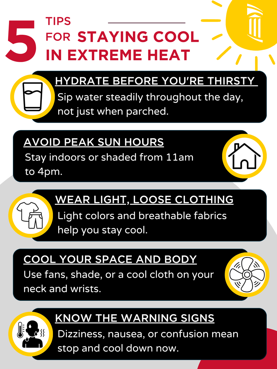 UMmedschool's tweet photo. Baltimore, here's how to protect yourself from the Code Red Extreme Heat Alert :

💧 Hydrate 
☀️ Avoid peak sun hours
👕 Wear light, loose clothing
🧊 Cool your space and body 
🥵 Know the warning signs of heat exhaustion and heat stroke

#HeatSafety #Baltimore https://t.co/74YVeMw709