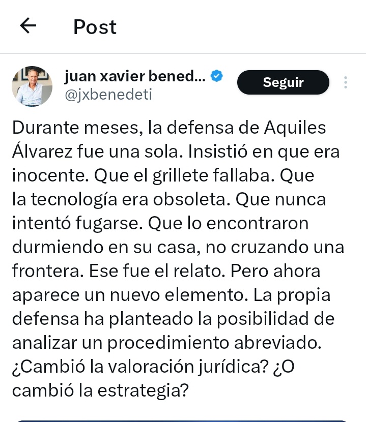 FunerariaAlach's tweet photo. El periodista Juan Xavier Benedeti, quien trabaja en la radio comprada por un asambleísta de ADN con recursos cuya procedencia ha sido cuestionada, intenta posicionar la narrativa de que la defensa del alcalde Aquiles Álvarez planteó acogerse al procedimiento abreviado en el caso Grillete.

Sin embargo, la propia defensa del alcalde lo desmintió públicamente. Una vez más, @jxbenedeti difunde información falsa para favorecer la narrativa del Gobierno.
