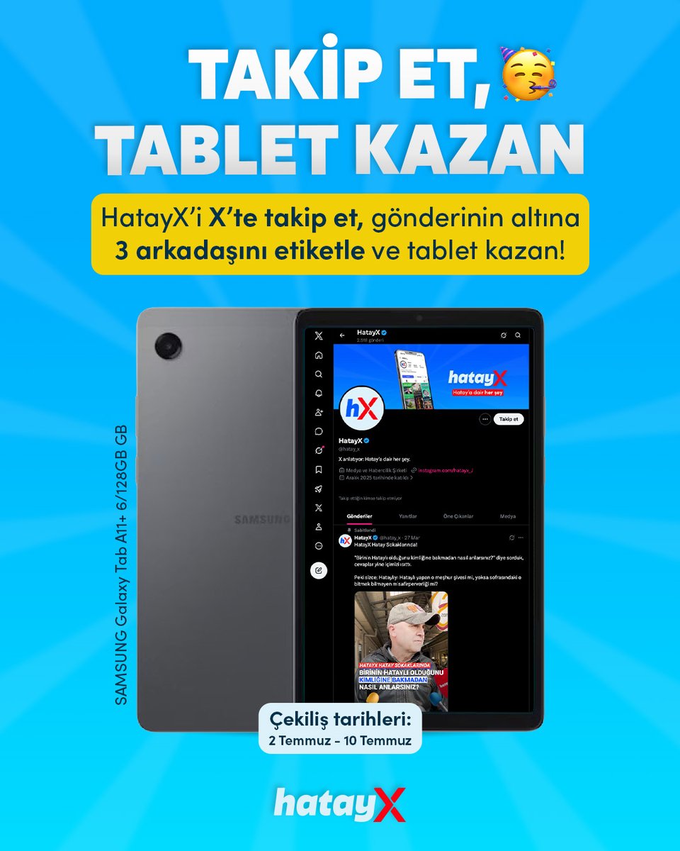 hatay_x's tweet photo. HATAYX'TEN TABLET HEDİYESİ!   1 şanslı takipçimize SAMSUNG Galaxy Tab A11+ (6/128GB) hediye ediyoruz.   

Katılım Şartları:

@hatay_x

hesabını takip et.  Bu tweet'i beğen ve RT'le.  

 Çekiliş Tarihleri: 2 Temmuz - 10 Temmuz https://t.co/WL8yqIzFpG