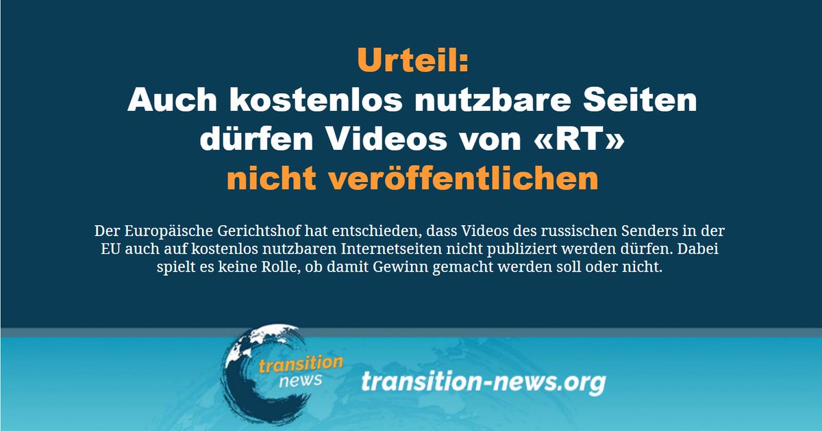 C_Transition2's tweet photo. Videos des russischen Staatssenders RT dürfen in der Europäischen Union auch auf kostenlosen Internetseiten nicht veröffentlicht werden.
Weiterlesen ... (https://t.co/xoSl8SXkDK)
#transitionnews #Russland #Sender #RTDE #EU #EuGH https://t.co/GH1gfww1BK