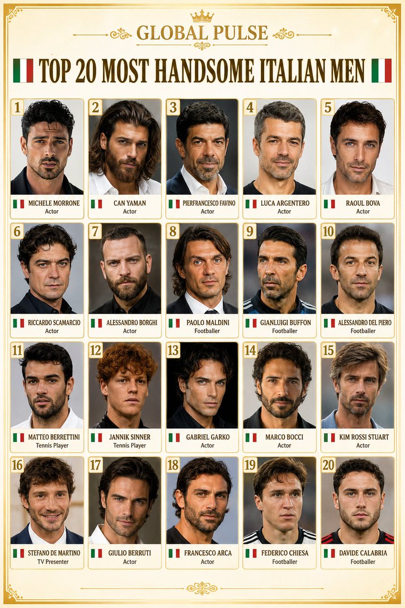 Globalstats_77's tweet photo. Top 20 Most Handsome Italian Men 🇮🇹

🇮🇹 Michele Morrone
🇮🇹 Can Yaman
🇮🇹 Pierfrancesco Favino
🇮🇹 Luca Argentero
🇮🇹 Raoul Bova
🇮🇹 Riccardo Scamarcio
🇮🇹 Alessandro Borghi
🇮🇹 Paolo Maldini
🇮🇹 Gianluigi Buffon
🇮🇹 Alessandro Del Piero
🇮🇹 Matteo Berrettini
🇮🇹 Jannik Sinner
🇮🇹 Gabriel Garko
🇮🇹 Marco Bocci
🇮🇹 Kim Rossi Stuart
🇮🇹 Stefano De Martino
🇮🇹 Giulio Berruti
🇮🇹 Francesco Arca
🇮🇹 Federico Chiesa
🇮🇹 Davide Calabria