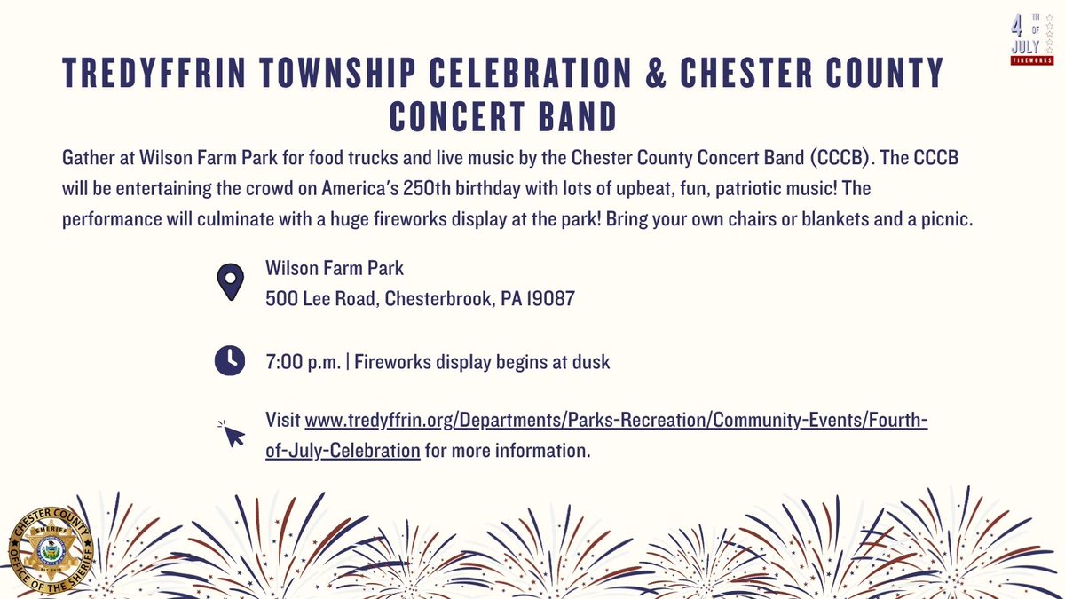 CCSOPA's tweet photo. Check out the local events and fireworks shows happening across Chester County as we celebrate America’s 250th anniversary. 
@TredyffrinTwp @GoFourthFest @BoroughofPXV https://t.co/fJEDlftwTF