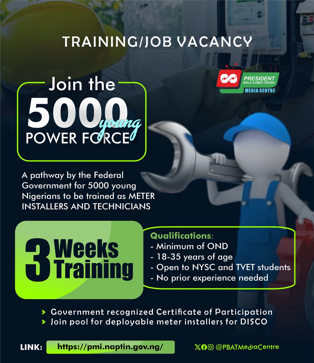 DOlusegun's tweet photo. To fast track the implementation of the Presidential Metering Initiative where over 5 million meters will be installed for users across Nigeria in order to eliminate estimated billing, President Tinubu has approved the training of 5000 young Nigerians as meter installers and technicians.

If qualified, please apply here: https://t.co/qiwysumIWi