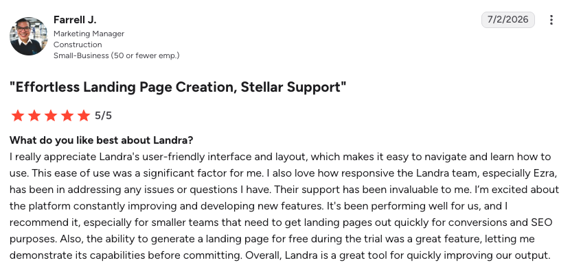 ezradtc's tweet photo. 🎉 Got our first review today on G2. Feels like a big milestone.

"It's been performing well for us, and I recommend it, especially for smaller teams that need to get landing pages out quickly for conversions and SEO purposes."