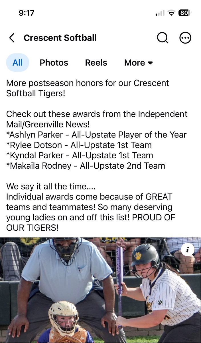 Rylee_Dotson27's tweet photo. A little late posting but I was named All-Upstate First team!! My coach said it best “individual awards come because of great teams and teammates”. Can’t wait to get back at it for one more year! @NGUSoftball_ @ErskineSoftball @ETSUSoftball @CofCSoftball @Mojo_Carolinas https://t.co/8UmRWUSLoG