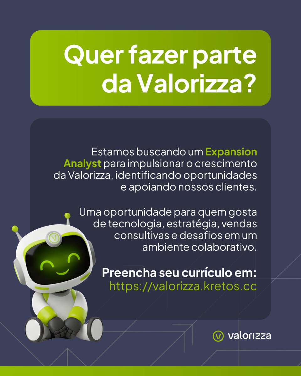 VALORIZZA's tweet photo. Estamos com uma oportunidade para Expansion Analyst!

📍 Confira todos os detalhes da vaga e cadastre seu currículo em: https://t.co/D14eeWNzyG

#VemPraValorizza #Oportunidade #Vagas #ExpansionAnalyst #Carreira #Tecnologia #VendasConsultivas #Growth #Inovação https://t.co/WaeTs7M8rj