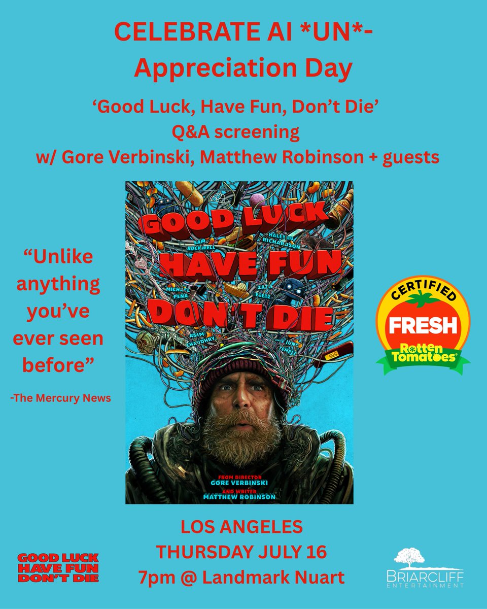 GLHFDDmovie's tweet photo. AI Appreciation Day is coming up on July 16th.

To celebrate, we’ll be hosting an AI *UN-Appreciation Day, with a one-night theatrical return for 'Good Luck, Have Fun, Don't Die.'

Followed by a live-streamed Q&amp;A with Gore Verbinski, writer Matthew Robinson, and special guests. https://t.co/oNY8AFkWF4