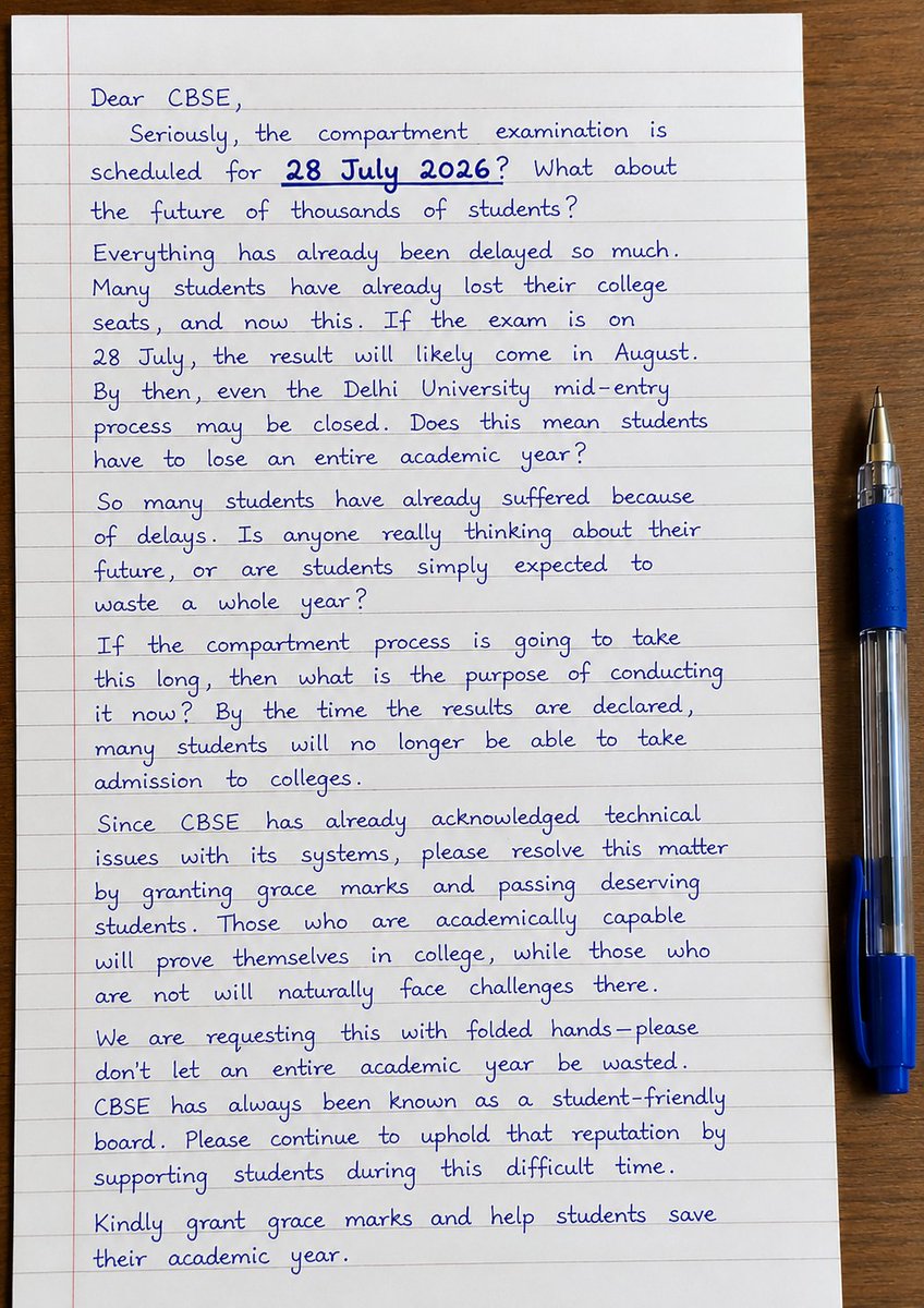 h_bhardwaj0001's tweet photo. Dear @cbseindia29,
If the compartment exam is on 28 July 2026, many students may lose college admissions and an entire academic year. Please grant grace marks and save their future @dpradhanbjp @narendramodi @EduMinOfIndia @PMOIndia @vineetJindal19 @TheAnuragTyagi @VinayChaudhry4 https://t.co/LLMs7RtY63
