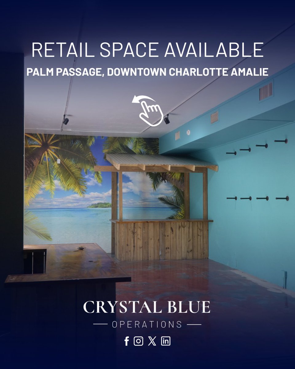 crystalblueusvi's tweet photo. Approximately 750 square-foot turnkey, flexible retail space ideal for fashion, accessories, beauty, lifestyle, artisan gifts, and specialty retail.

 (340) 774-8175 for Leasing

#CrystalBlueUSVI #PalmPassage #RetailLeasing #TurnkeySpace #RetailOpportunity https://t.co/iCV8yEiZYg
