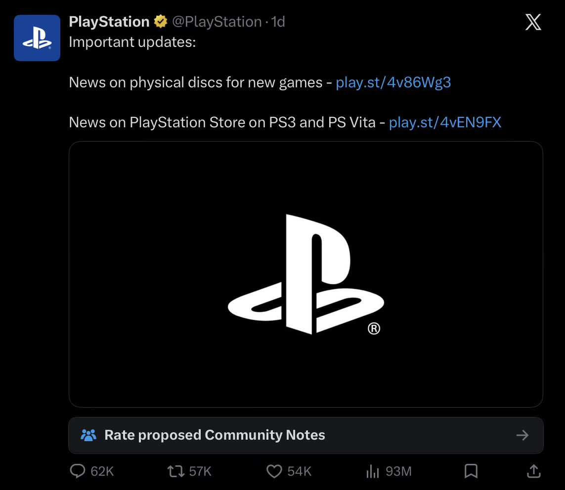 vitorpsarts's tweet photo. PlayStation não postou nada nas suas redes sociais após o anúncio do fim da produção de mídia físicas em 2028.

Mais de 93 milhões de visualizações no post original, 62 mil comentários e 57 mil reposts, que ultrapassaram os likes.

Diversas empresas estão brincando com a situação, inclusive. Uma onda GIGANTESCA em resposta a decisão.