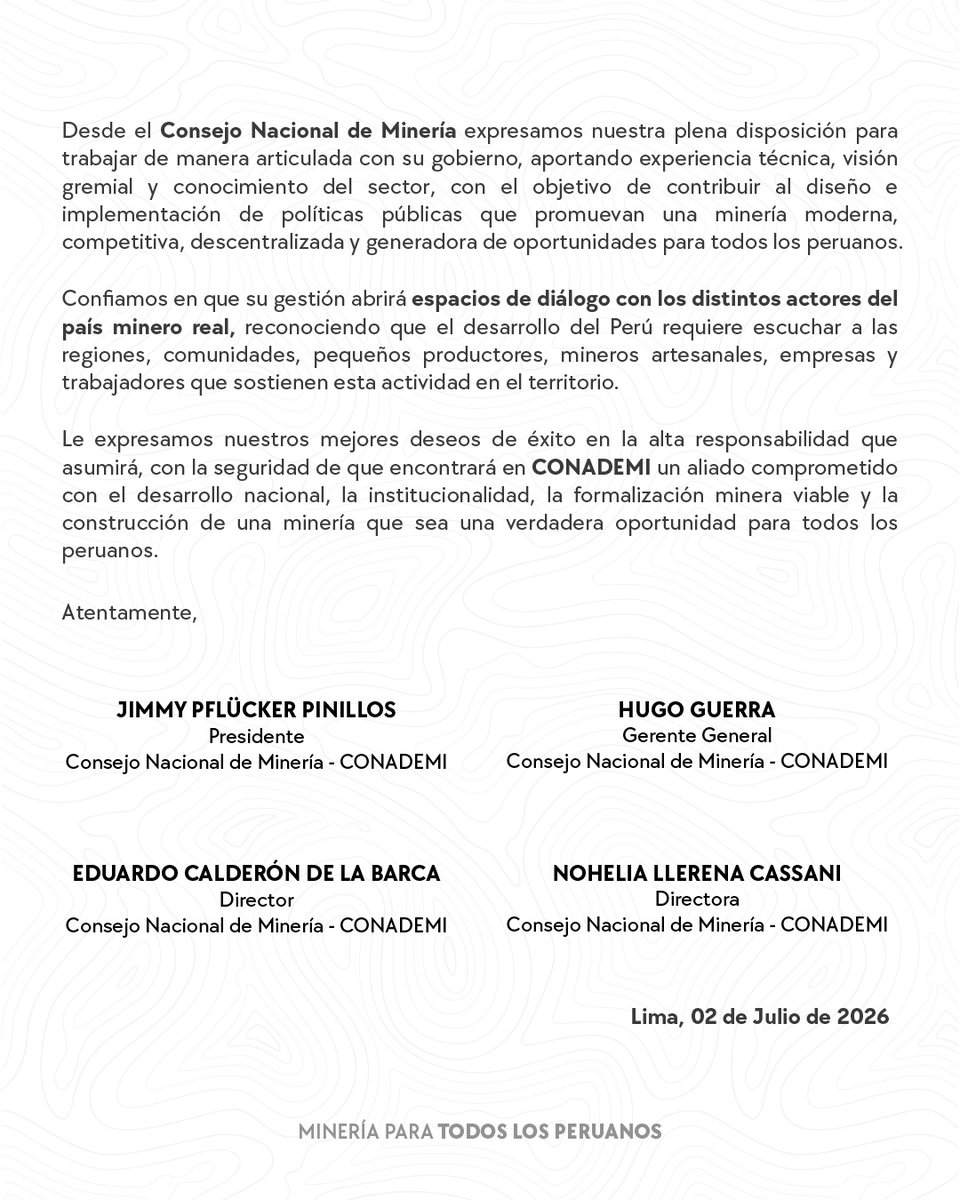 CONADEMI's tweet photo. 🇵🇪Desde 𝗖𝗢𝗡𝗔𝗗𝗘𝗠𝗜 saludamos a la Presidente electa del Perú, Keiko Sofia Fujimori Higuchi, y le expresamos nuestros mejores deseos de éxito en la importante responsabilidad de conducir los destinos del país. A través de una carta institucional, reafirmamos nuestra disposición de trabajar de manera articulada con el nuevo Gobierno, aportando nuestra experiencia técnica para impulsar una minería formal, responsable, sostenible e inclusiva, fortalecer la seguridad jurídica, promover la inversión y avanzar en una agenda que permita generar más oportunidades para las familias peruanas y el desarrollo de todas las regiones del país.

𝗝𝗶𝗺𝗺𝘆 𝗣𝗳𝗹𝘂̈𝗰𝗸𝗲𝗿
𝗣𝗿𝗲𝘀𝗶𝗱𝗲𝗻𝘁𝗲 𝗱𝗲 𝗖𝗢𝗡𝗔𝗗𝗘𝗠𝗜
𝗠𝗜𝗡𝗘𝗥𝗜𝗔 𝗣𝗔𝗥𝗔 𝗧𝗢𝗗𝗢𝗦

#MineríaArtesanal