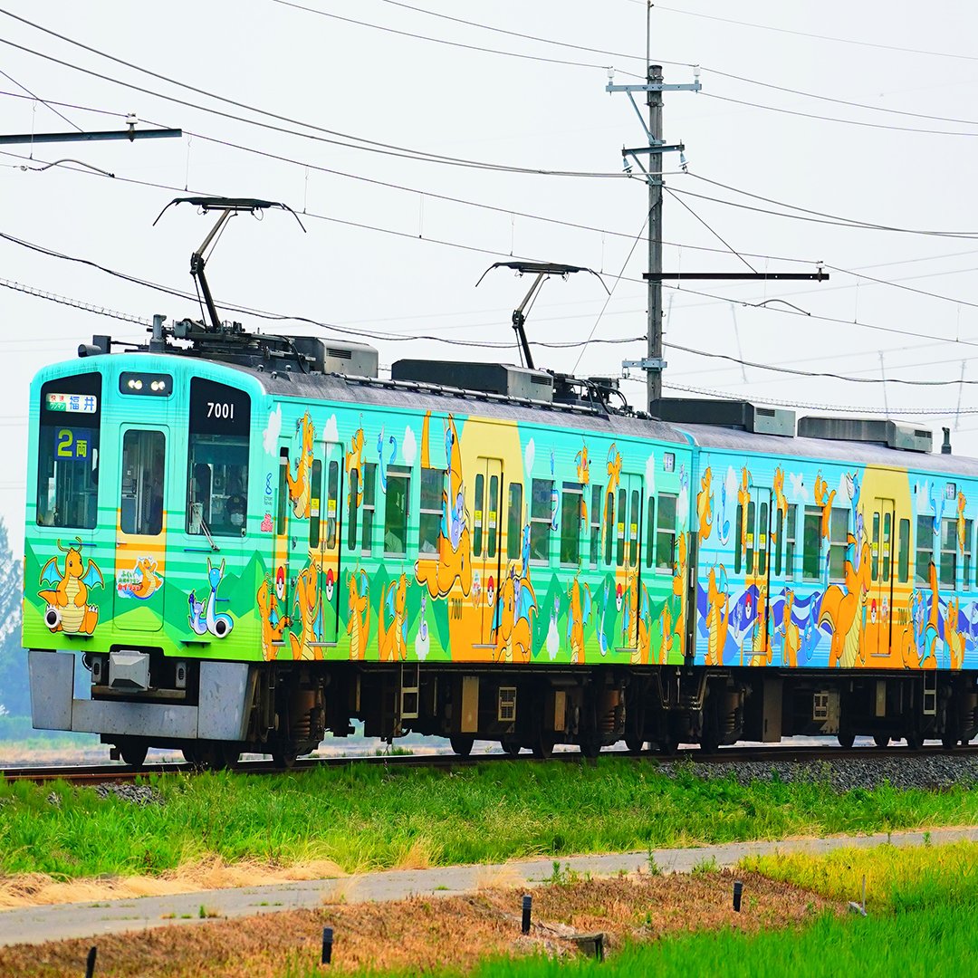 fukui_kairyu's tweet photo. 🚃えちぜん鉄道から大切なお知らせだよ！みんなに人気の「カイリュートレイン」だけど、車両の定期検査のために8月20日(木)からしばらく運休するんだ。再開日程が決まったら公式HP等でお知らせするから、また元気に走る日を待っていてね✨ https://t.co/TP2g5jZRHL