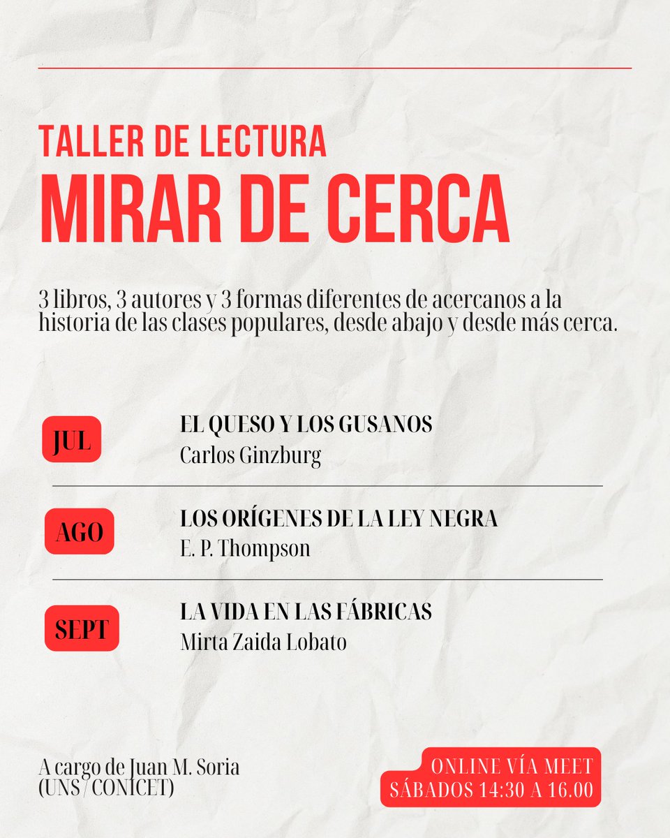 ratherbeJuan's tweet photo. 📚Y bien amigxs, se vienen unos talleres de lectura. Ginzburg, Thompson y Lobato. Tres talleres, tres maneras de mirar la historia desde abajo.

📣¡Arrancamos en julio! https://t.co/O2r2j4mK05
