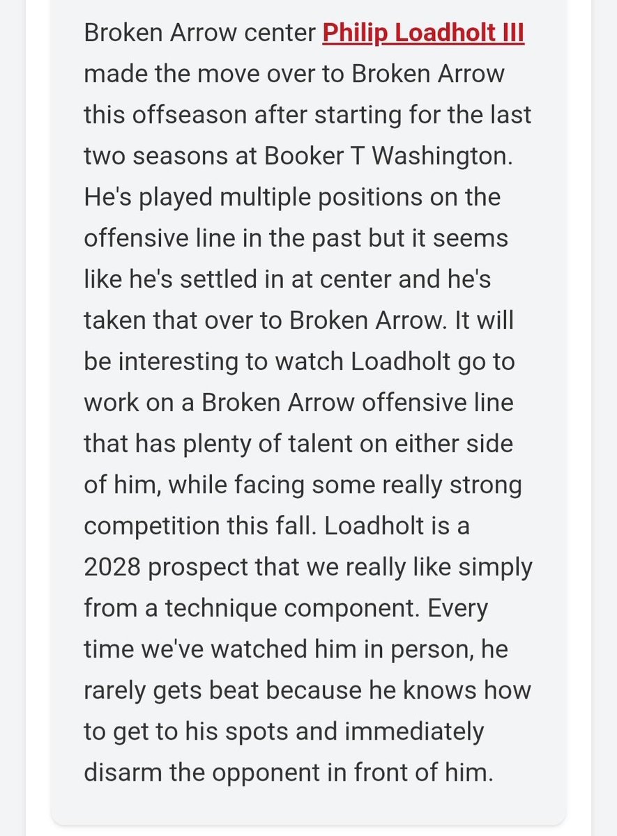 PhilipLoadholt's tweet photo. Thank you for write up’s and evaluation but I have a goal this season and some more motivation. @PrepRedzoneOK @BrokenArrowFTBL @THillBAFootball @Levya73 @TheCoachJoShow @RecruitBAFBall @AllenTrieu @samspiegs @LoadholtPhil #Grind #Dominate https://t.co/tqyX4G7oDH