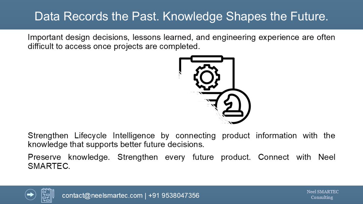neuthayan's tweet photo. Data records what happened.
Knowledge explains why.
The organizations that preserve both are better prepared for future decisions.
#PLM #Manufacturing #KnowledgeManagement #neelsmartec https://t.co/yGLsi2fq8j