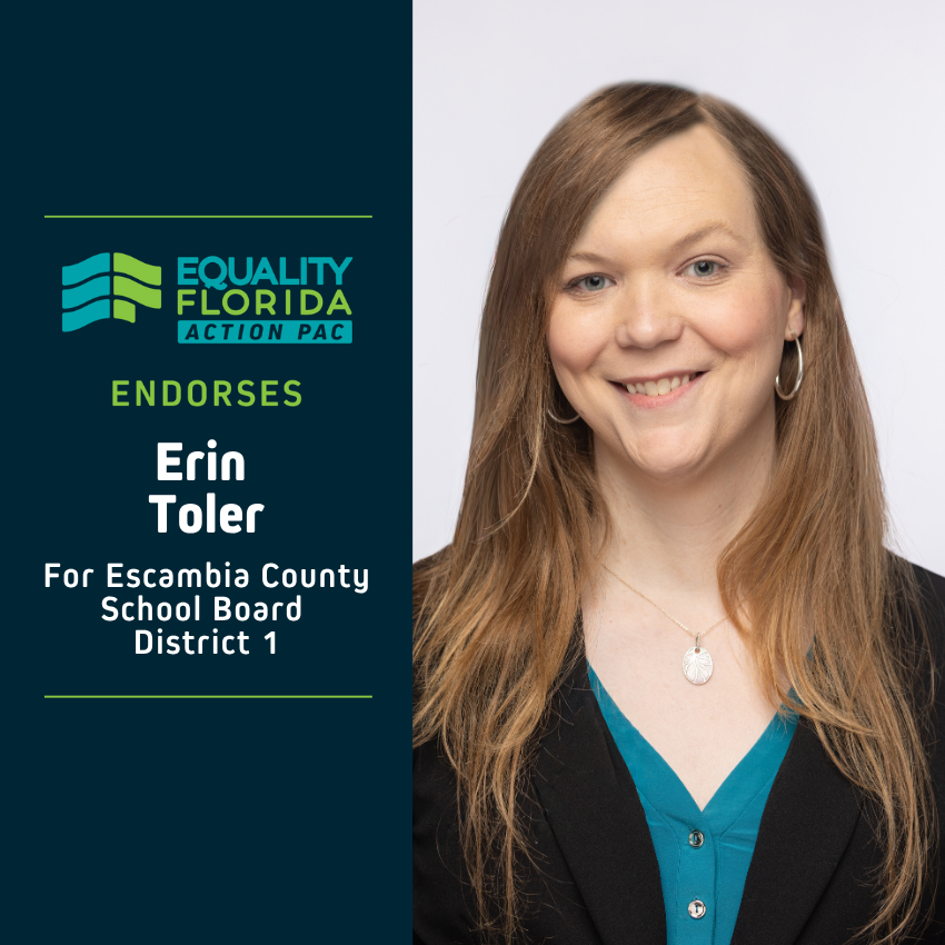 eqfl_actionPAC's tweet photo. EQFL Action PAC endorses Erin Toler for Escambia County School Board D1!

Paid Political Advertisement paid for by Equality Florida Action PAC, 5257 Amberly Dr., Ste. 382, Tampa, FL 33647, independently of any candidate. This advertisement was not approved by any candidate. https://t.co/bRVxbCstXM