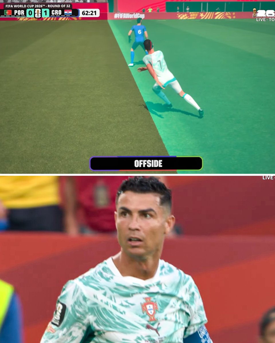 YahooSports's tweet photo. Cristiano Ronaldo had just scored his first EVER World Cup knockout stage goal in his career....

But he was ruled offsides 💔 https://t.co/adIpLVlgmE