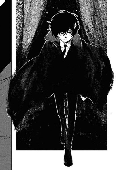 eu_gi_oh's tweet photo. i always appreciate how bsd mangakas make dazai’s coat an enveloping void, like the darkness is physically swallowing him he has no real shape or form, but when you take off the coat you see hes a frail, skinny, malnourished, and trembling child underneath it all. ✨symbolism✨ https://t.co/MqRPtwc5fu