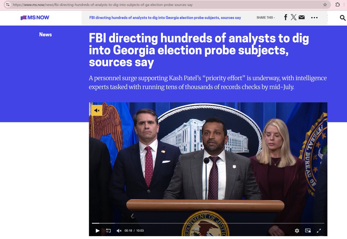 SoundofAmerica1's tweet photo. 【美国之声】2026年7月2日 MS NOW（前身为 MSNBC）：

FBI正大规模调动资源，查找乔治亚州2020年总统选举舞弊证据：

1. 动用大量人力：共260名情报分析师，以及数十名FBI探员，全美各地的FBI办公室均须支援此案；

2. 期限：每名分析师在7月17日前完成708次记录查核，并已获准在周末与假日加班。

注：今年1月FBI已依搜查令在乔治亚州富尔顿县查扣超过600箱选举相关资料，包括实体选票、选民名册等。

#大选舞弊调查 #美国之声

https://t.co/Leuptm66kg