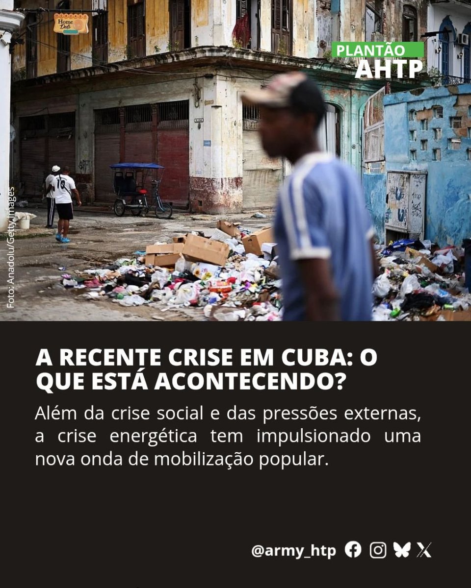 ARMY_HTP's tweet photo. 🚨PLANTÃO AHTP🚨

Cuba vive um dos momentos mais delicados de sua história recente, enfrentando uma crise generalizada que afeta setores essenciais da vida pública, como alimentação, saúde, energia, educação e finanças. A redução do apoio econômico da Venezuela e as restrições impostas pelos Estados Unidos ao fornecimento de petróleo para a ilha contribuíram para o agravamento da situação, aprofundando as dificuldades econômicas e sociais do país.

O sistema de saúde tem sido fortemente impactado pela escassez de eletricidade, medicamentos e insumos hospitalares, resultando na suspensão de milhares de cirurgias eletivas e oncológicas em todo o país. Paralelamente, a população enfrenta uma escassez crônica de alimentos e medicamentos, agravando ainda mais as condições de vida.

O país enfrenta apagões de até 20 horas diárias, escassez severa de combustível, deterioração da infraestrutura e dificuldades crescentes de abastecimento. Segundo Eduardo Galvão, professor de Políticas Públicas do Instituto Brasileiro de Mercado de Capitais (Ibmec), “isso compromete a logística, a mobilidade, a produção e até os serviços essenciais, reduzindo a capacidade operacional do governo em um cenário de crise prolongada".

Além da crise social e das pressões externas, a crise energética tem impulsionado uma nova onda de mobilização popular. De acordo com Galvão, "os protestos cresceram, se espalharam e passaram a incluir enfrentamentos mais diretos contra as forças do regime. Isso obriga o governo a deslocar parte relevante de sua capacidade de controle para administrar as tensões internas, reduzindo sua margem de reação diante de outros desafios".

Outro fator que agrava o cenário é a redução das receitas provenientes do turismo, um dos principais pilares da economia cubana. A saída parcial de importantes redes hoteleiras estrangeiras ocorreu após o endurecimento das medidas do governo do presidente norte-americano Donald Trump contra a economia da ilha. Em 1º de maio, Trump assinou uma ordem executiva determinando sanções contra pessoas e empresas que mantiverem vínculos econômicos com a Gaesa, conglomerado empresarial controlado pelos militares cubanos.

A retração do setor turístico dificulta ainda mais a recuperação econômica do país, comprometendo a entrada de divisas e ampliando os desafios para a manutenção de atividades consideradas estratégicas para a sobrevivência da economia cubana. 

Fonte:
🔗 https://t.co/POfUNVAF8v
🔗 
https://t.co/2vOT4OOd0Z
🔗 https://t.co/q1TwhUcSIG
🔗
https://t.co/YguALmVdNU