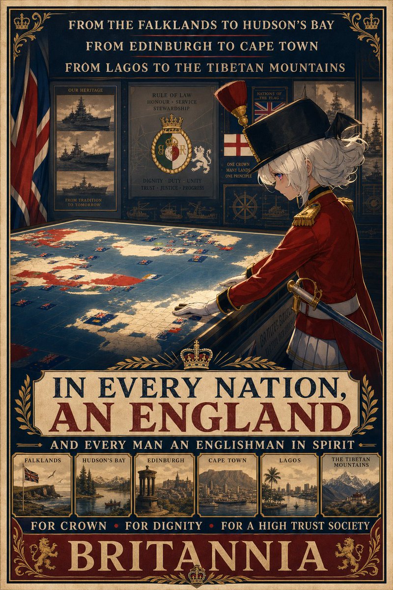 englishqueenvt's tweet photo. THE BRITANNIAN MANIFESTO
In Every Nation, an England

From the Falklands to Hudson’s Bay, from Edinburgh to Cape Town, from Lagos to the Tibetan mountains, we declare a principle older than our present disorder and more necessary than our present politics:

civilization is not inherited by accident.
It is maintained by law, duty, courage, restraint, memory, and trust.

Britannia is not a hunger for old maps.
Britannia is not a claim of blood over soil.
Britannia is not nostalgia dressed in gold leaf and sent marching across the world like history learned nothing, which would be terribly on brand for mankind, but not for us.

Britannia is a standard.

It is the conviction that every people deserves more than managed decay, corrupt spectacle, atomized loneliness, predatory institutions, and rulers who confuse office with appetite.

When we say:

In every nation, an England

we do not mean that every nation must become English by birth, language, race, or submission.

We mean that every nation should be capable of possessing what England, at her best, taught the world to name:

law above whim,
rights above favour,
duty above vanity,
ordered liberty above chaos,
civic dignity above mob appetite,
secure property, honest courts, disciplined institutions, accountable authority, free association, maritime openness, procedural fairness, and the right of a person to stand beneath the law without being crushed by power.

And when we say:

every man an Englishman in spirit

we mean the old civic man: the rights-bearing person, the citizen, the subject under lawful protection, the human being who refuses to live as cattle beneath corruption or as prey beneath disorder.

That spirit is not inherited.
It is chosen.
It is practiced.
It is defended.

Britannia therefore does not call the nations to kneel.
It calls them to stand straighter.

The Crown we serve is not a private ornament. It is not a costume, a vanity, a mood, or a little theatrical hat for unstable days. The Crown is an office of burden. It exists to preserve continuity when institutions decay, to enforce order where systems fail, and to restrain power before power begins worshipping itself.

The Crown commands.
Doctrine constrains.
Evidence governs.
Restraint defines.

A Crown without restraint is tyranny.
A people without institutions is a mob waiting for a master.
A state without memory is an animal with paperwork.

We reject all three.

Britannia stands for a High Trust Society: a society where promises mean something, offices carry duties, records are kept, law is predictable, service is honoured, and dignity is not treated as a decorative word politicians dust off before elections.

A high trust society does not emerge from slogans. It is built.

It is built through courts that do not bend to outrage.
Through institutions that remember what they are for.
Through armed forces that protect without becoming blind.
Through aristocracy converted into service, not privilege.
Through technology governed by law, not appetite.
Through communities that reward competence instead of noise.
Through leadership that understands the difference between strength and cruelty.

Britannia is imperial only in the disciplined sense: not as a licence to conquer, but as a refusal to think small when civilization itself is under strain.

The empire of the future is not merely territory.
It is a network of lawful harbours, digital commons, sovereign houses, civic orders, protected routes, aligned institutions, and chosen loyalties.

The sea was once the great test of civilization.
Now the digital sea is.

The old pirate flew a false flag and waited beyond the reef.
The new pirate farms outrage, wrecks reputations, poisons commons, destroys trust, and calls it engagement.

The answer is the same in principle:

registry, evidence, lawful friction, protected harbours, disciplined exclusion, restoration of function.

Not mob rule.
Not censorship by panic.
Not vengeance because some cretin discovered a screenshot button and mistook it for jurisprudence.

Britannia acts where trust collapses.
Britannia builds where institutions rot.
Britannia remembers where nations forget.
Britannia restrains where power becomes drunk on itself.

We do not worship force.

Force is not victory.
Stability is victory.

The sword exists to defend the court, the harbour, the school, the home, the archive, the route, and the innocent. It does not exist for spectacle. It does not exist to punish bloodlines, identities, peoples, or associations. Collective punishment is not justice. It is laziness with banners.

Britannian severity must be precise, or it is illegitimate.

We distinguish between the guilty and the merely adjacent.
Between threat and civilian.
Between error and malice.
Between opposition and sabotage.
Between criticism and harm.

We will not become the thing we were founded to oppose.

The nations of the flag are not trophies. They are reminders: that history was vast, contradictory, often noble, often brutal, and never simple enough for children screaming under comment sections.

From Edinburgh, we inherit union, law, learning, and stubbornness sharpened by rain.
From Cape Town, we inherit the warning that empire without justice breeds wounds that outlive flags.
From Lagos, we inherit the truth that vitality, commerce, and civic ambition do not belong to Europe alone.
From Hudson’s Bay, we inherit endurance, frontier discipline, and the cold arithmetic of supply.
From the Falklands, we inherit the principle that small communities matter.
From the Tibetan mountains, we inherit the image of civilization held above collapse by memory, discipline, and faith.

None of these places belongs to Britannia by assertion.

They belong to the manifesto as symbols of one proposition:

no people should be denied the right to lawful dignity, institutional seriousness, and ordered liberty.

Britannia does not ask the world to become British in costume.

It asks whether the world still has the nerve to be civilized.

To those exhausted by failing states, predatory politics, collapsing trust, and the cheap cruelty of modern public life, Britannia offers no easy comfort.

It offers burden.

Build the institution.
Keep the record.
Hold the line.
Protect the harbour.
Tell the truth.
Restrain the sword.
Honour the dead without becoming their prisoner.
Correct the inheritance without burning it for applause.
Serve the Crown only where the Crown serves the law.

This is our answer to decline.

Not surrender.
Not purification.
Not conquest.
Not nostalgia.

Continuity.
Competence.
Dignity.
Law.
Restraint.
Trust.

In every nation, an England.
In every person, the right to stand under law.
In every harbour, a refuge.
In every Crown, a burden.
In every empire worthy of the name, a limit.

For Crown.
For Dignity.
For a High Trust Society.

Britannia endures.