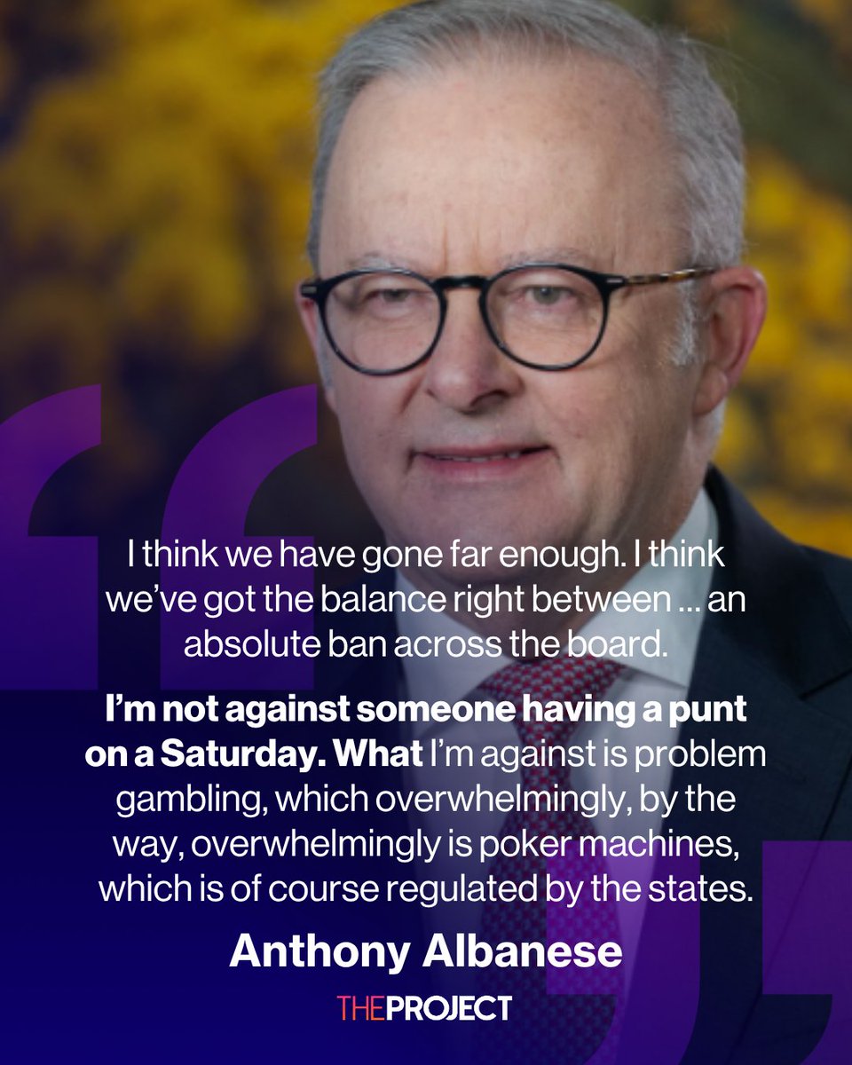 theprojecttv's tweet photo. Anthony Albanese has defended Labor’s gambling reforms, saying he is “not against someone having a punt on a Saturday” but wants to tackle problem gambling.

The Prime Minister said the changes are part of a “comprehensive approach” targeting online and overseas gambling, while insisting the government has struck the right balance and gone “far enough”.