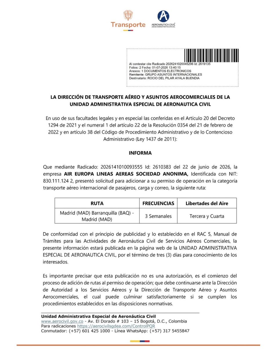 deimerespinoza_'s tweet photo. ¡Esto es diciendo y haciendo! ✈️

Air Europa ya pidió autorización para volar la ruta Madrid–Barranquilla–Madrid, con 3 frecuencias semanales.

Por fin se empiezan a concretar avances importantes para el Cortissoz. Este anuncio se suma a las rutas a Fort Lauderdale que ya solicitaron Avianca y JetBlue.

Ahora falta dar el siguiente paso: que el gobierno de Abelardo de la Espriella le entregue al Distrito la operación del lado tierra del aeropuerto, para destrabar de una vez por todas una modernización que lleva años estancada entre concesionarios privados y la Aerocivil.
