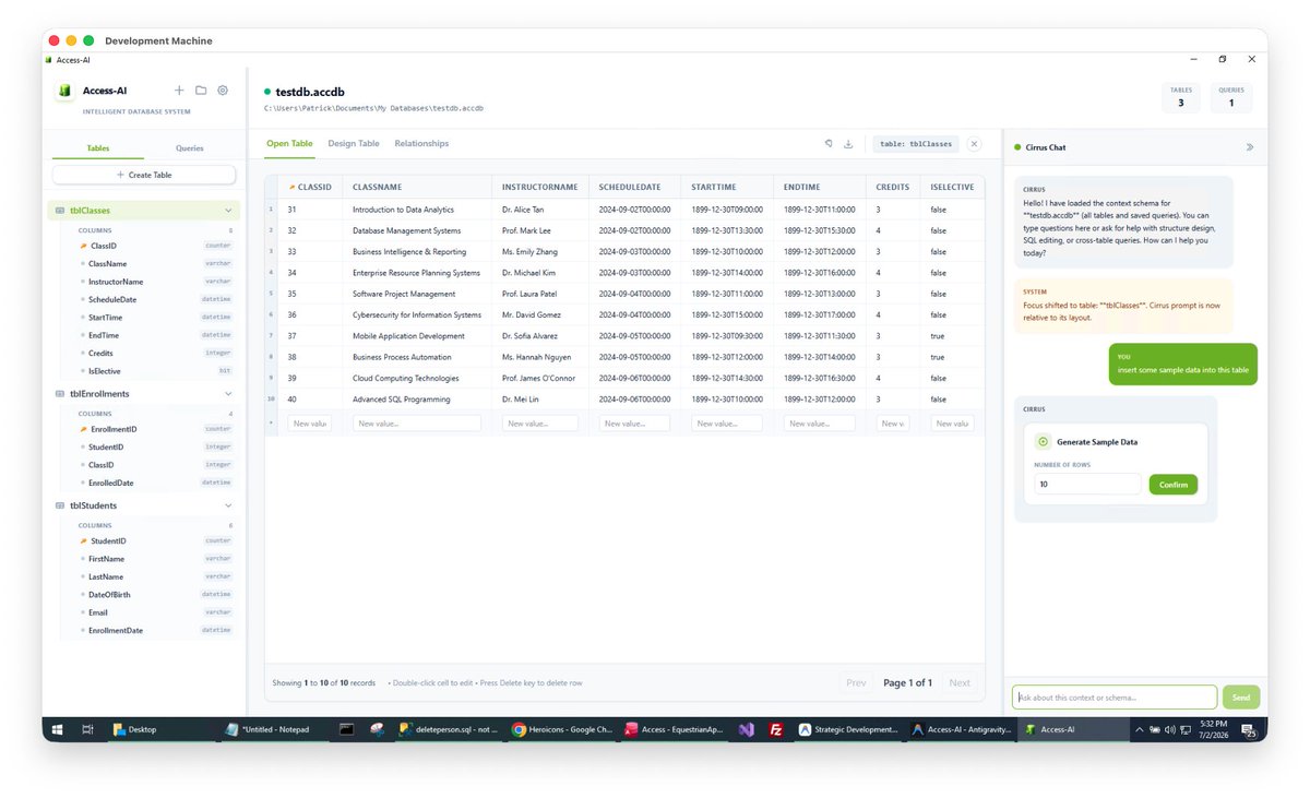 patrickhusting's tweet photo. I now have a fully integrated Intelligent Database System that controls #MicrosoftAcess databases.  One of my favorite features is asking the #ai to create me sample data on the fly.  It responses with "How many rows would you like?"  I love that.  It can also look at several tables at once and create joined sample data too.

Let me know if you still use #MicrosoftAccess.  Microsoft says that over 11 million people monthly use the app.  I'm going to be looking for some testers.  Send me a DM.