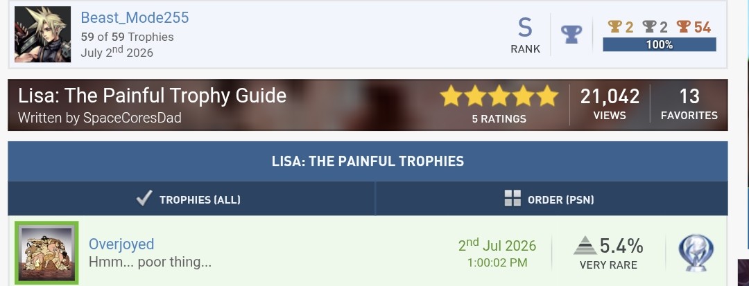 255Collin's tweet photo. #PlatinumTrophy #306 - Lisa: The Painful

Game was fire, hilarious and dark. Bangin soundtrack too. https://t.co/DexXqDrdpY