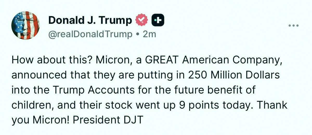 rbv_nl's tweet photo. Pretty sure Trump's a fan of Micron 😂

$MU https://t.co/jatPZfuiGI