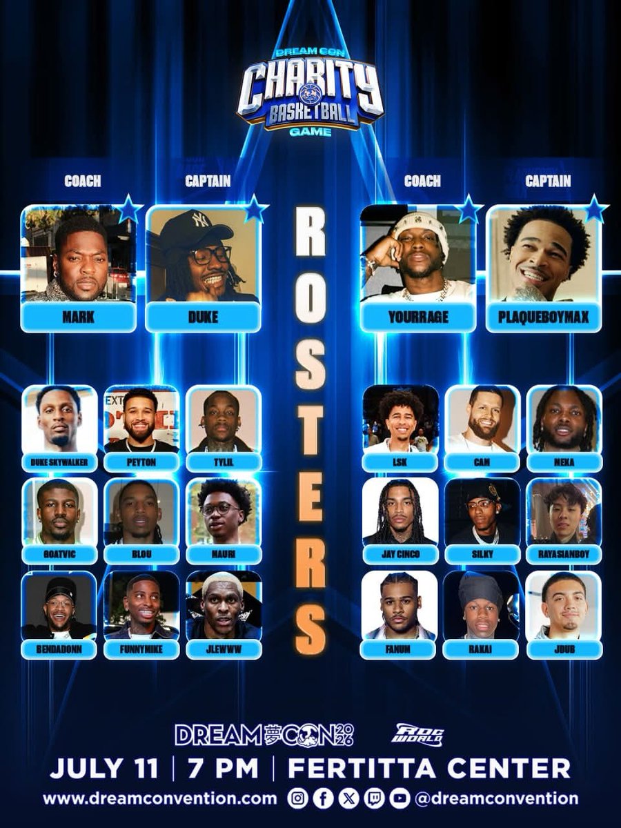 jdubvtiv's tweet photo. The results are in 🏀 Here's the final roster for Team Mark vs. Team Rage! Shout out to all the players, the fan voted nominees —  &amp;  joining the squad, &amp; everyone who watched the live draft.

It's going down on Saturday, July 11 at University of Hous... https://t.co/y4q00pcBq6