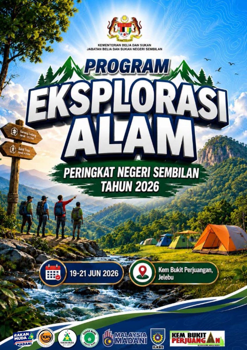 jbs_n9's tweet photo. PROGRAM EKSPLORASI ALAM PERINGKAT NEGERI SEMBILAN 2026
21 Jun 2026 - Jabatan Belia dan Sukan Negeri Sembilan menerusi Cawangan Pembangunan Sukan Rekreasi telah melaksanakan penganjuran Program Eksplorasi Alam Peringkat Negeri Sembilan. https://t.co/SutoGEDSh1