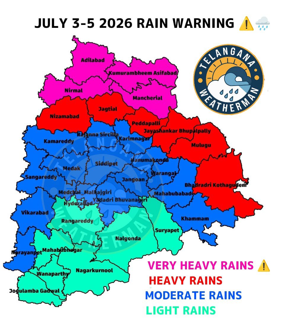 balaji25_t's tweet photo. HEAVY - VERY HEAVY RAIN ALERT FOR NORTH TELANGANA 

PEAK IMPACT OF LPA - July 3-5

Dear people of North Telangana, get ready for first musuru rains (ముసురు వానలు) of this season with PERIODS OF RAIN ahead in North Telangana, overall HEAVY - VERY HEAVY RAINS ahead ⚠️⚠️

Pink marked districts will get VERY HEAVY RAINS around 100-120mm in few places per day in next 3days 

RED MARKED DISTRICTS will get HEAVY RAINS around 50-80mm per day in next 3days

BLUE MARKED districts will get MODERATE RAINS around 15-45mm and other districts will have LIGHT RAINS around 10-15mm

Hyderabad - Overcast conditions with LIGHT - MODERATE RAINS ahead in evening to night in next 3days. Morning to afternoon will be cloudy with few drizzles