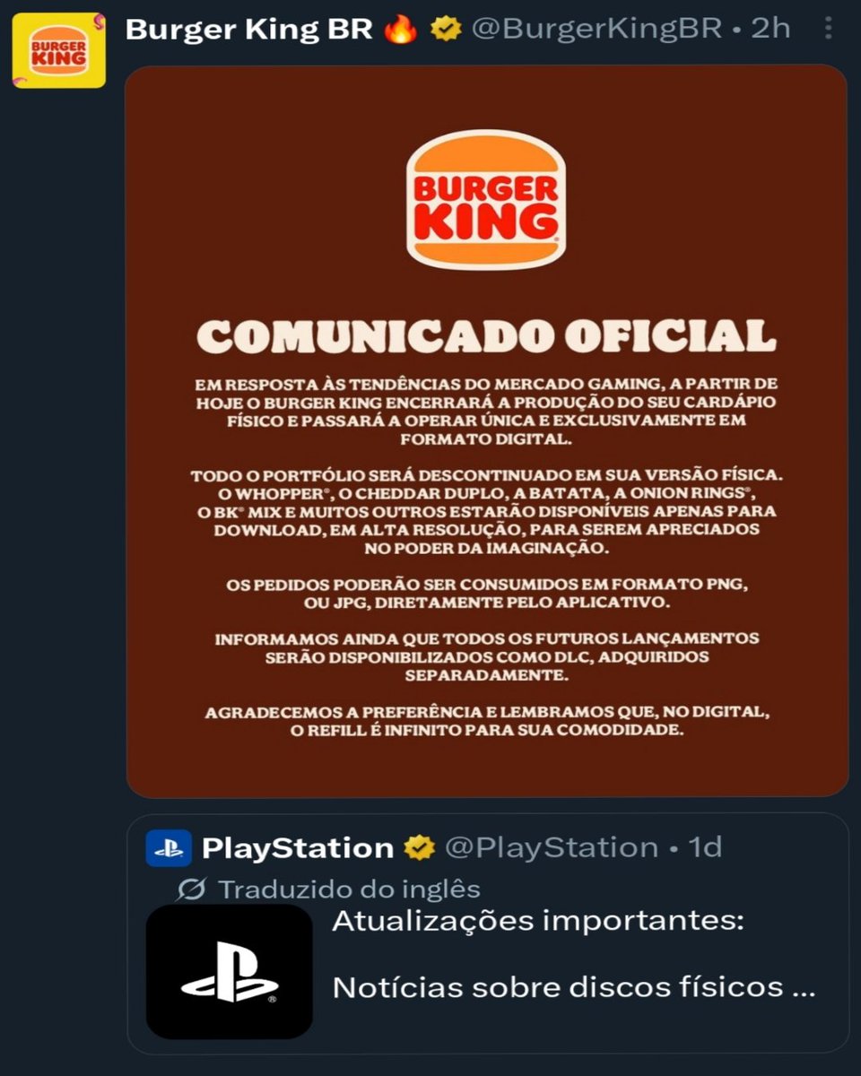 elyelgow's tweet photo. Caralho até o Burger King do Brasil está zoando a Playstation pelo fim da mídia física.

Tá bonito demais ver geral mijando na Sony. https://t.co/H2AOcgOWWB