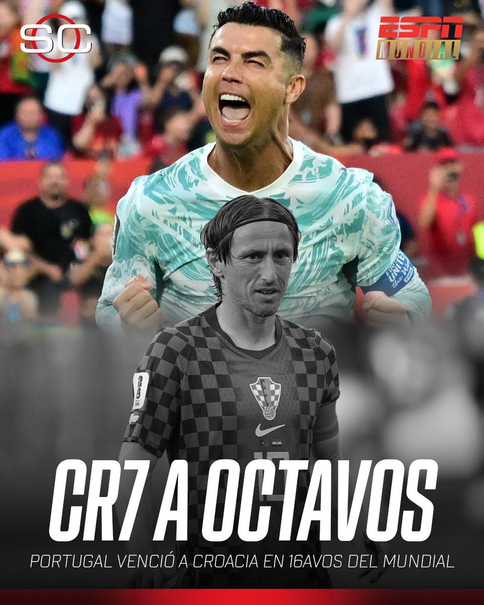 SC_ESPN's tweet photo. 🔥 ¡AGÓNICO TRIUNFO LUSO PARA CLASIFICAR A OCTAVOS DE FINAL!

🇵🇹 Portugal le ganó 2-1 a Croacia sobre el final y eliminó a la Selección de Luka Modric en 16avos de final de la Copá del Mundo

⚽ Cristiano Ronaldo y Goncalo Ramos
⚽ Ivan Perisic

🐐 CR7 anotó su 1° gol en fase eliminatoria de Mundiales

🔝 Será rival de ESPAÑA el próximo lunes

✖️ GOL ANULADO a Gvardiol en tiempo cumplido

⚽ #ESPNMundial