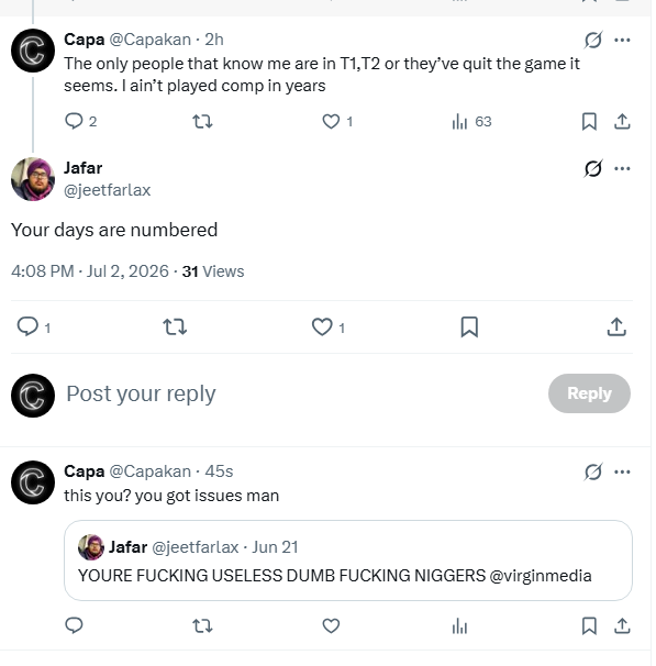 Capakan's tweet photo. @jeetfarlax @spaceFTP @pouldyr6 @R6esportsNA @FenzR6 This the Alxprs friend group? Racist or cheating pick a disability https://t.co/IT3mde2ymk