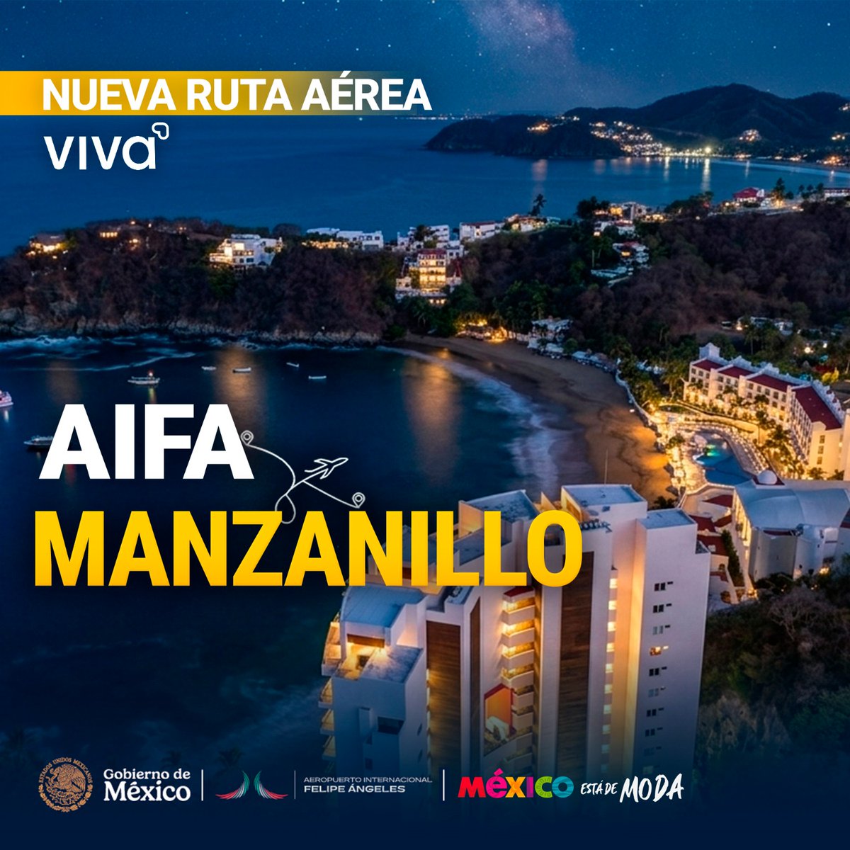aifaaero's tweet photo. ¡Nueva ruta a #Manzanillo! 🌊 La Capital Mundial del Pez Vela, con sus espectaculares playas, atardeceres dorados y gastronomía única, te espera para vivir lo mejor de #México.
Con #VivaAerobus, despega desde el #AIFA y conéctate directo con el paraíso del Pacífico. 
¡Tu próxima escapada empieza aquí, Vive la #ExperienciaAIFA!
#AeropuertoInternacionalFelipeÁngeles