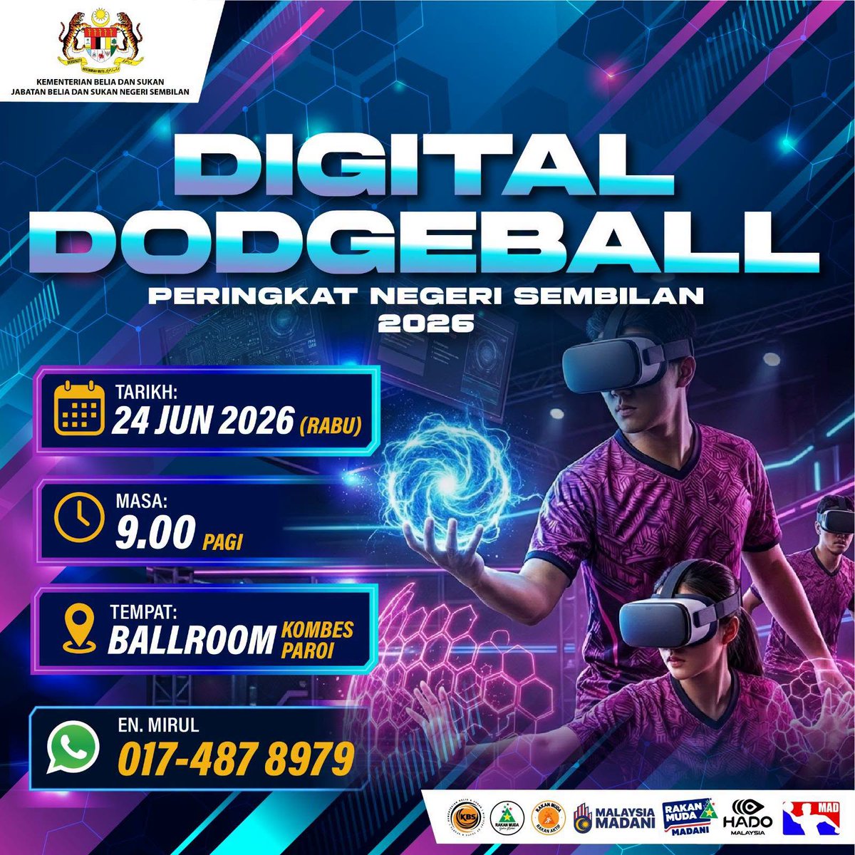 jbs_n9's tweet photo. Paroi, 24 Jun 2026 - Jabatan Belia dan Sukan Negeri Sembilan dengan kerjasama Persatuan Dodgeball Malaysia (MAD) telah menganjurkan Program Pengenalan Sukan Baharu iaitu  sukan Digital Dodgeball Peringkat Negeri Sembilan tahun 2026. https://t.co/nE8T4uCyUi