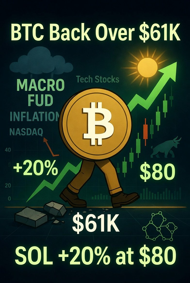 nabhanxc's tweet photo. BTC decoupled from tech stocks and casually marched back over $61k like June didn't even happen.

The macro fud is clearing, inflation worries are easing, and $SOL is up 20%+ on the week sitting pretty at $80. https://t.co/CA227vpeBv