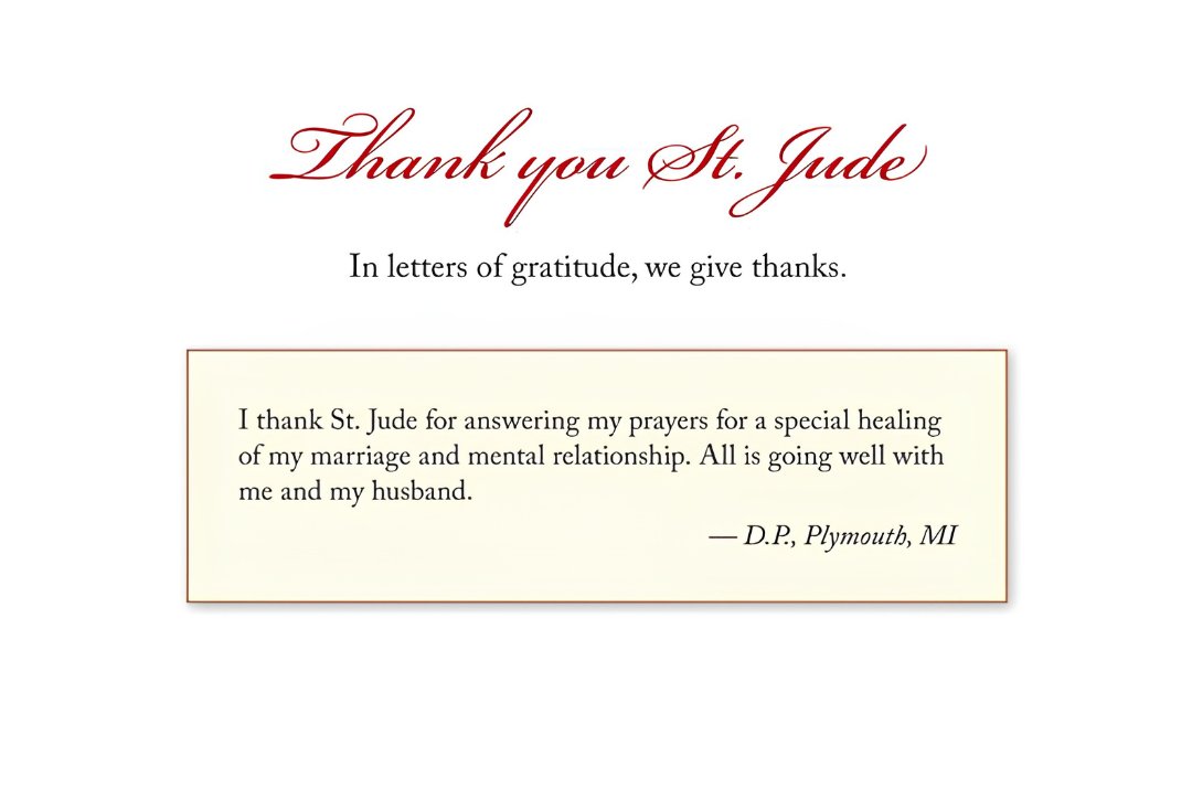 ShrineofStJude's tweet photo. In letters of gratitude, we give thanks. 💌

"I thank St. Jude for answering my prayers for a special healing of my marriage and mental relationship. All is going well with me and my husband." — D.P., Plymouth, MI https://t.co/OQRmumQZA7