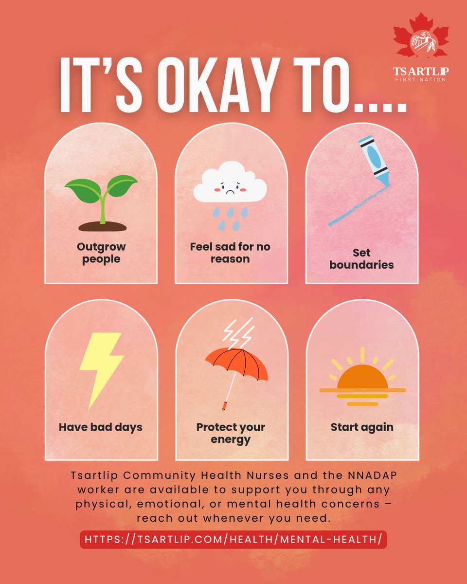TsartlipNation's tweet photo. It's okay to:
🌱 Outgrow people
☁️ Feel sad for no reason
🚪 Set boundaries
Visit https://t.co/1sMKfphL9J or call the Tsartlip Health Centre at (250) 652-4473 for information on mental health services
#W̱JOȽEȽP #Tsartlip #TsartlipNation #TsartlipHealth #TsartlipMentalHealth https://t.co/3hbLZT7tT9