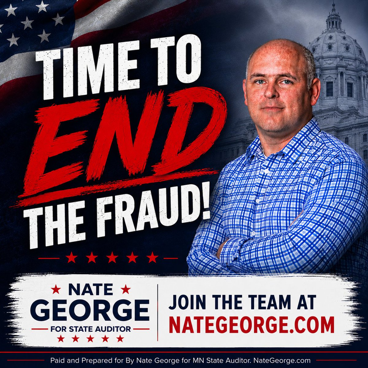 NateGeorgeMN's tweet photo. Minnesota deserves a State Auditor who follows the money, asks the tough questions, and protects your tax dollars. 🚨 It's Time to End the Fraud.
 Join the team today at: https://t.co/tQGDFH3Qq8
#EndTheFraud #MNAuditor #TheWatchdog 🐾 https://t.co/WuxiKQIUyz